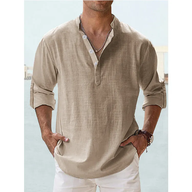Men's casual cotton linen pullover shirt in khaki with stand collar, loose fit, long sleeves
