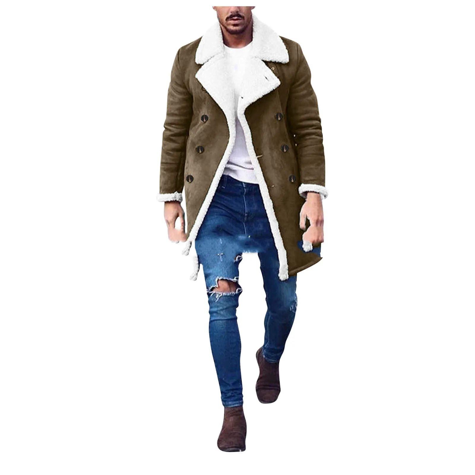 Men's polar fleece composite suede jacket with double-breasted lapel collar in khaki colour