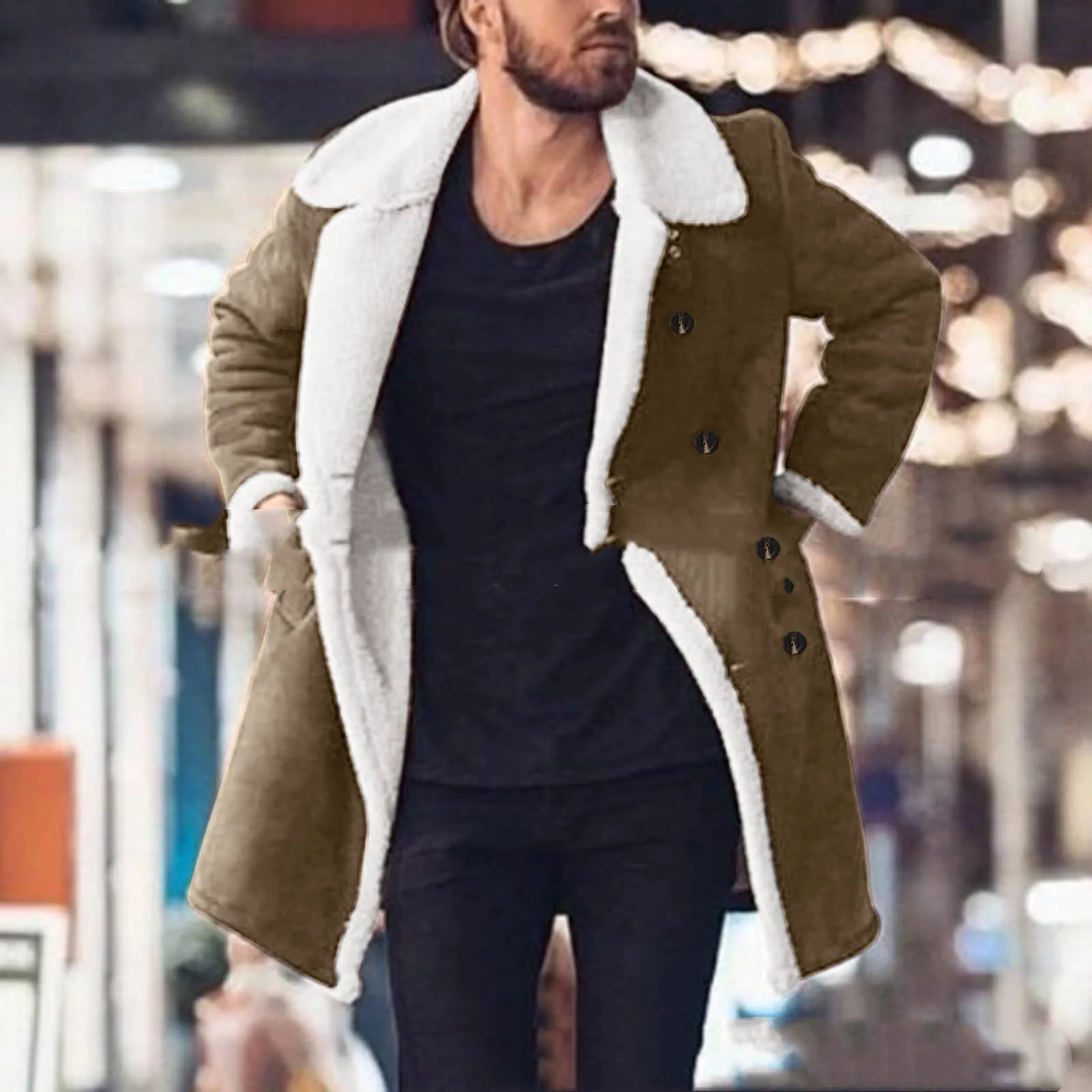 Men's polar fleece composite suede jacket with double-breasted lapel collar in khaki colour