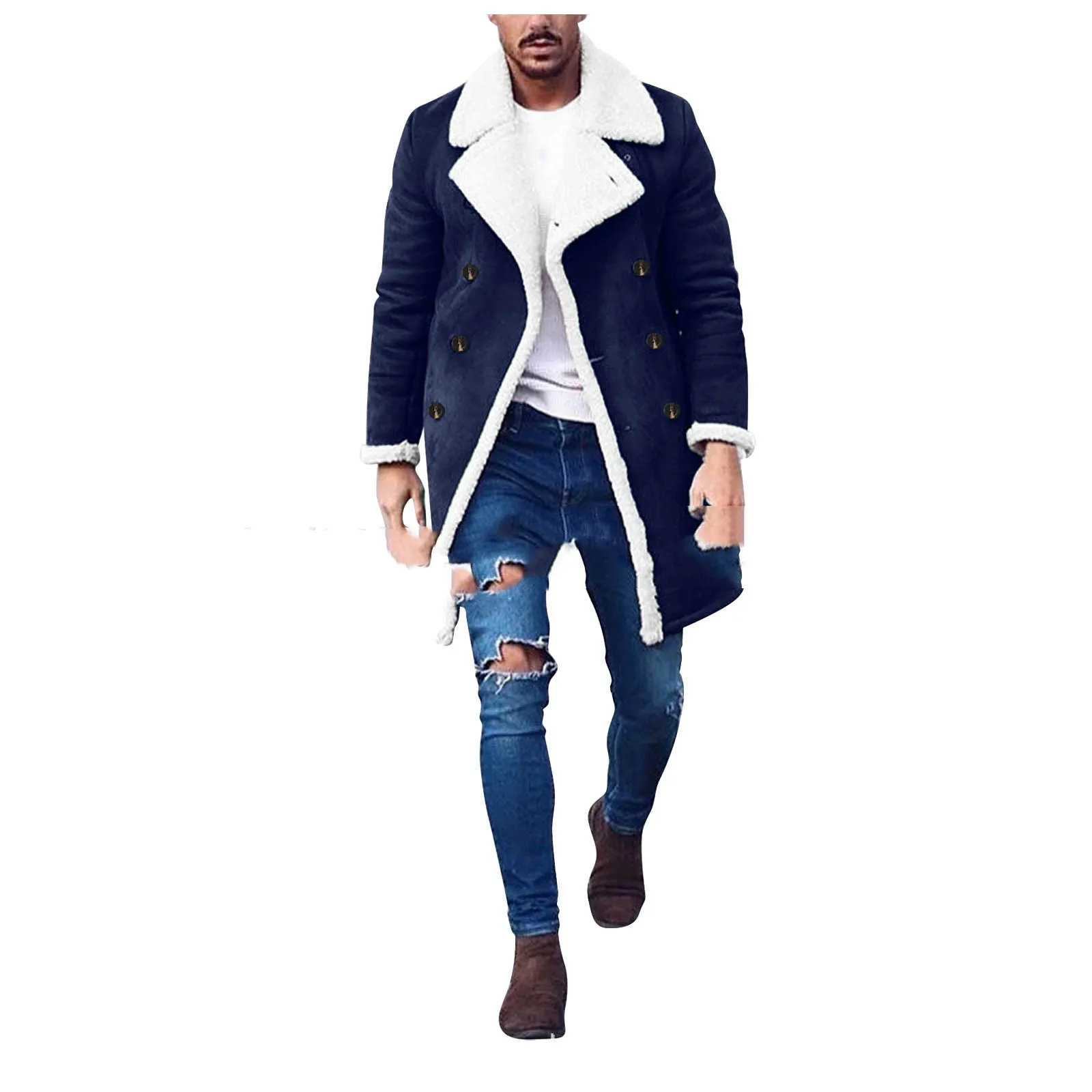 Men's polar fleece composite suede jacket with double-breasted lapel collar in khaki colour