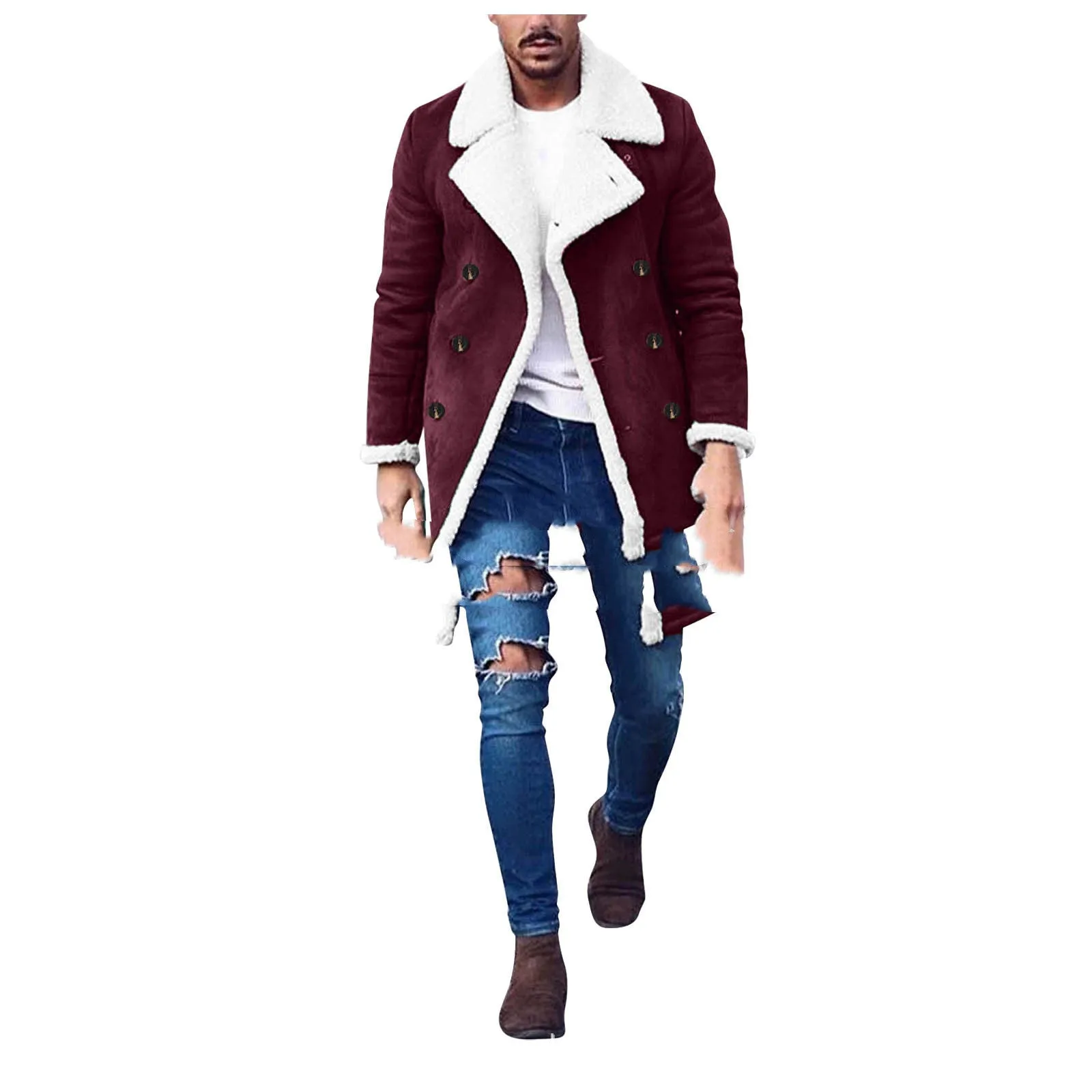 Men's polar fleece composite suede jacket with double-breasted lapel collar in khaki colour