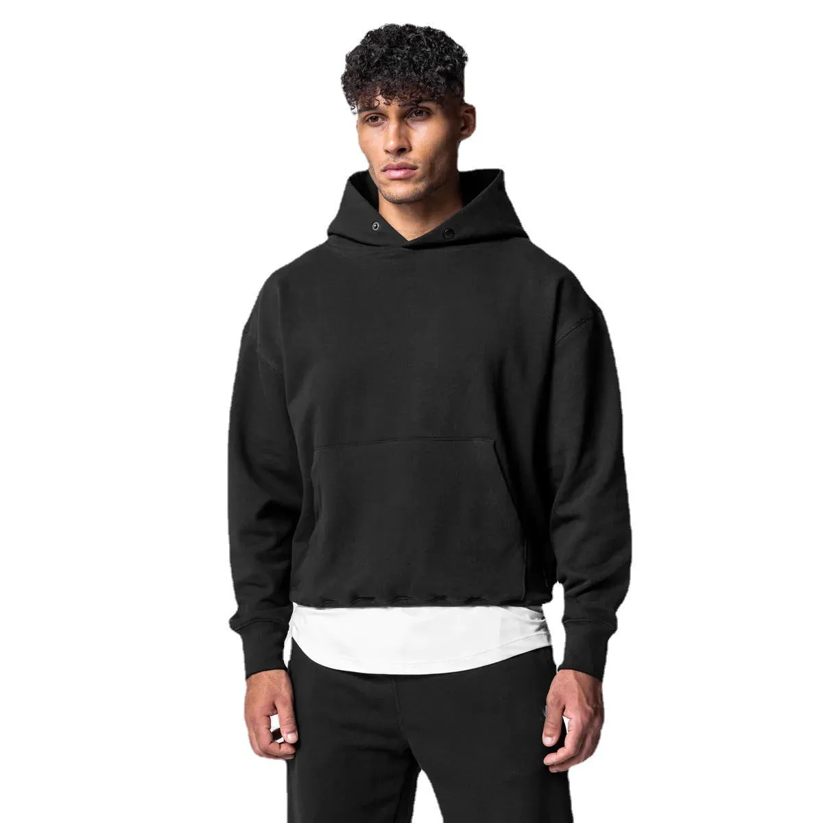 Men's cotton hoodie and jogger tracksuit set in black with pullover top and trousers for sports