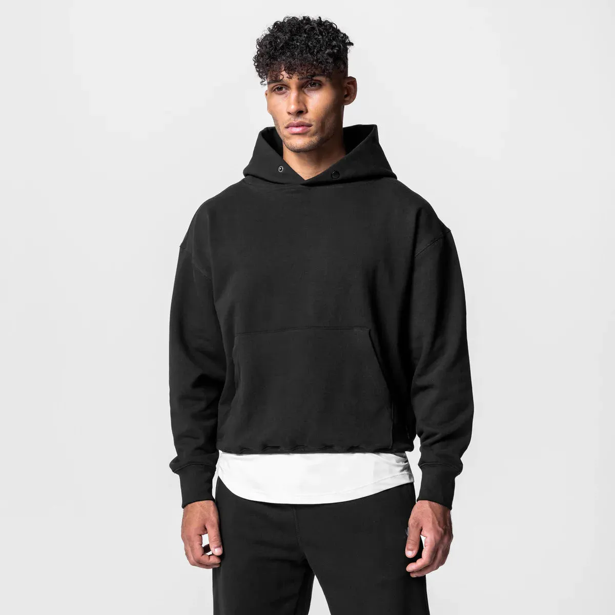 Men's cotton hoodie and jogger tracksuit set in black with pullover top and trousers for sports