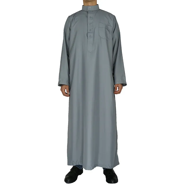 Islamic men's polyester robe in beige with button closure, sized 52-62 for Asian fit