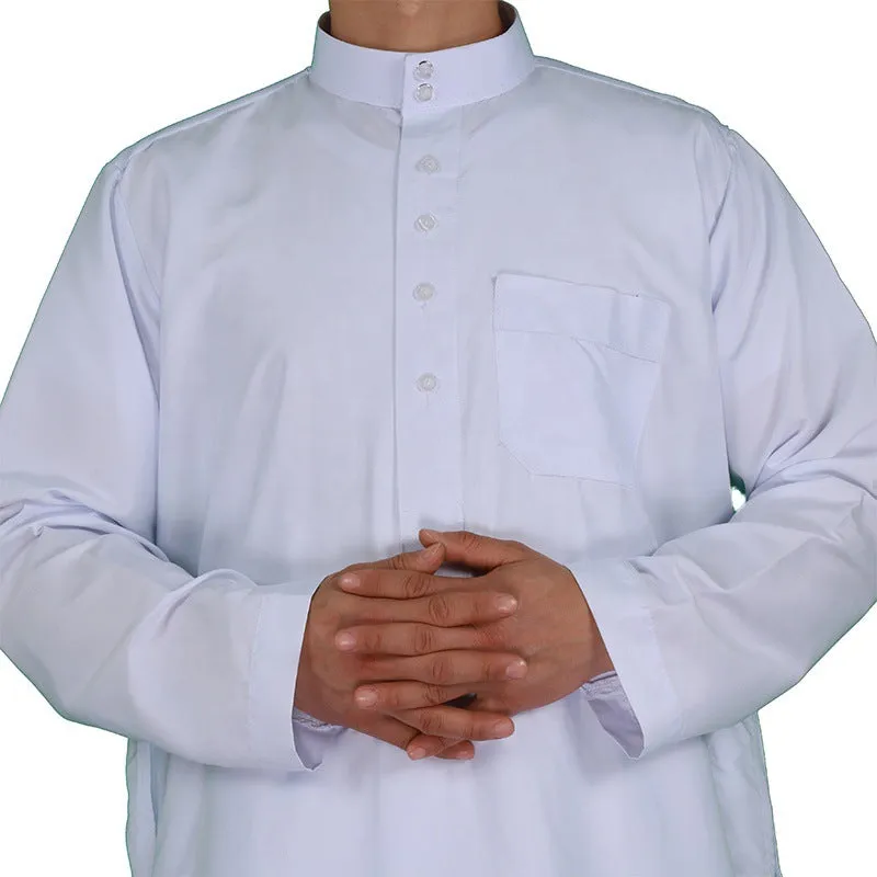 Islamic men's polyester robe in beige with button closure, sized 52-62 for Asian fit