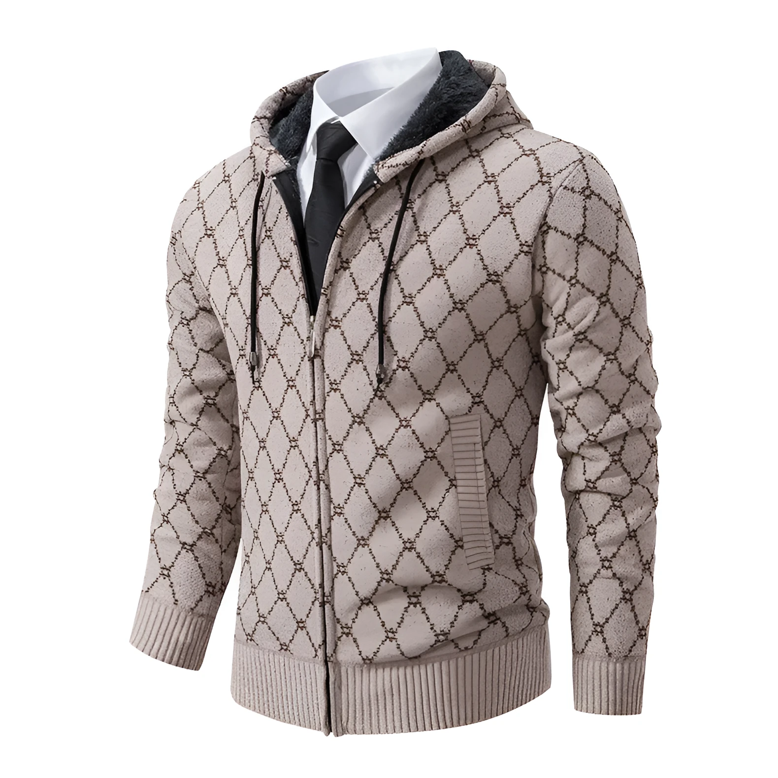 Men's hooded cardigan in black, polyester fibre casual sweater for daily wear