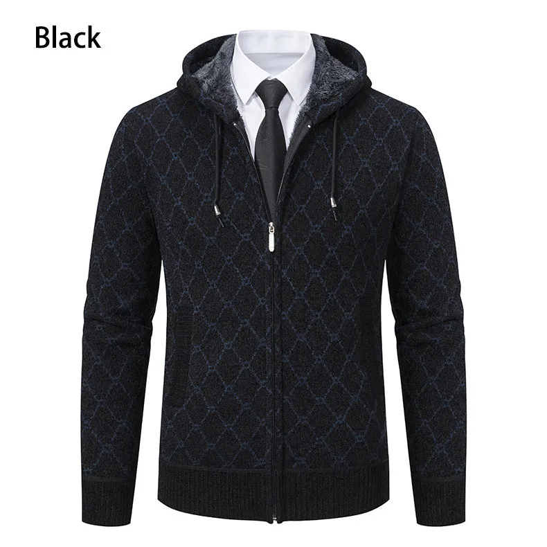 Men's hooded cardigan in black, polyester fibre casual sweater for daily wear
