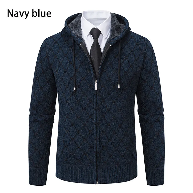 Men's hooded cardigan in black, polyester fibre casual sweater for daily wear