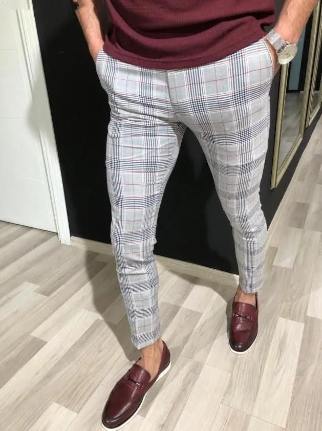 Men's loose-fit nine-point plaid trousers in grey grid pattern polyester summer casual