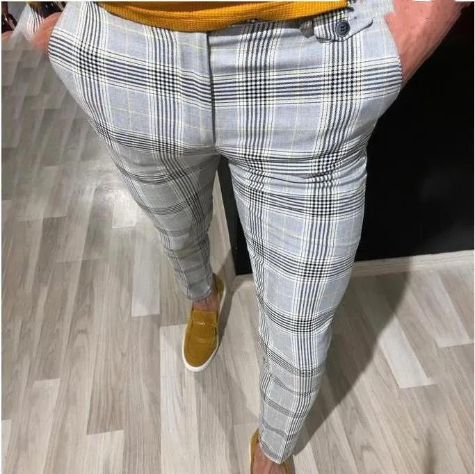 Men's loose-fit nine-point plaid trousers in grey grid pattern polyester summer casual