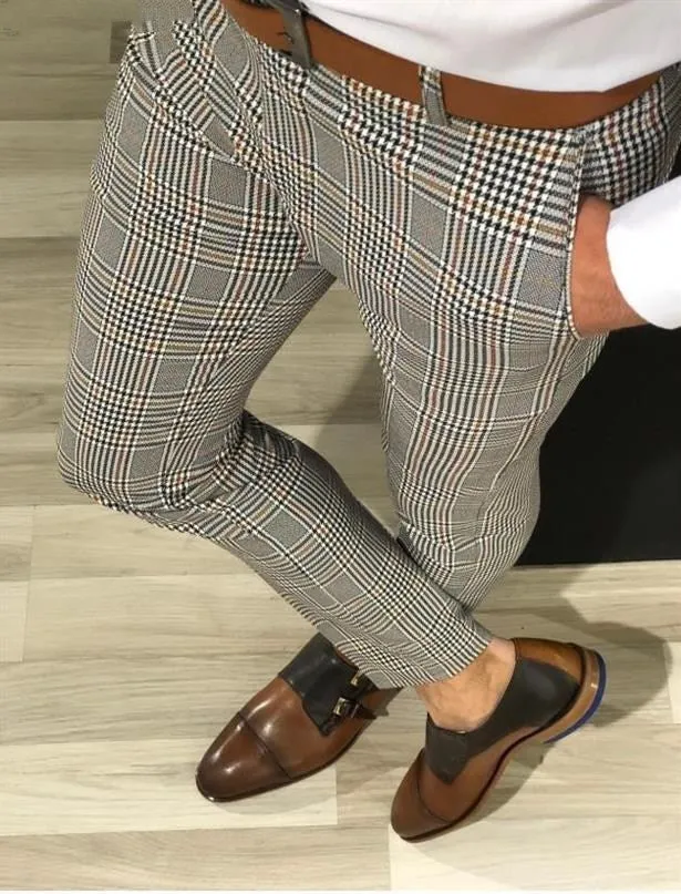 Men's loose-fit nine-point plaid trousers in grey grid pattern polyester summer casual