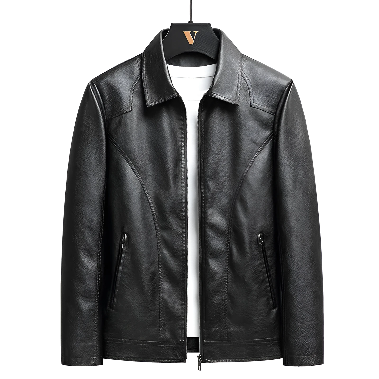 Men's loose fit PU leather cardigan jacket in black with zipper front and patch pocket
