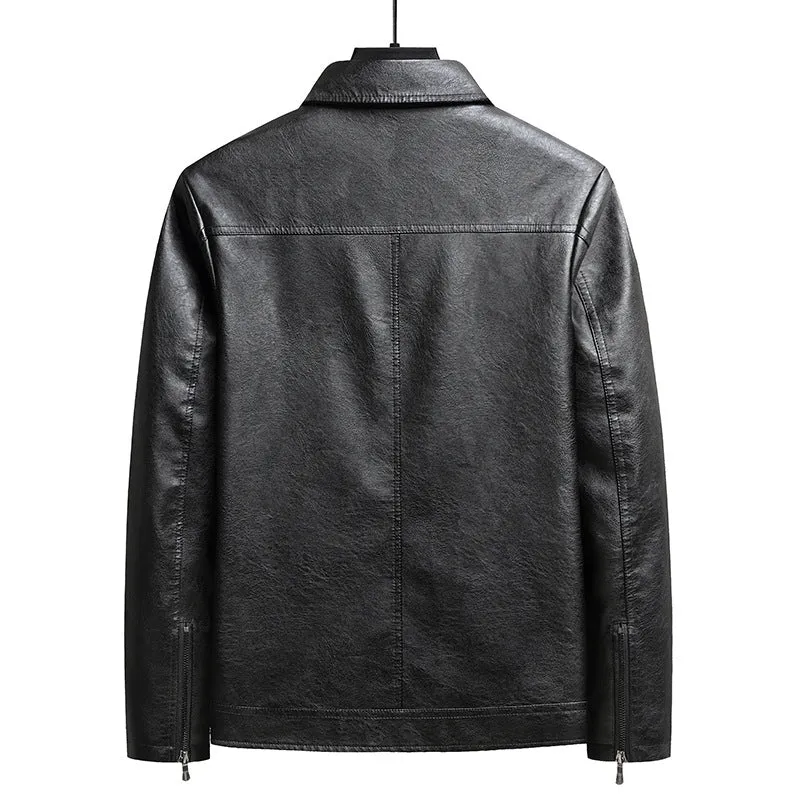 Men's loose fit PU leather cardigan jacket in black with zipper front and patch pocket