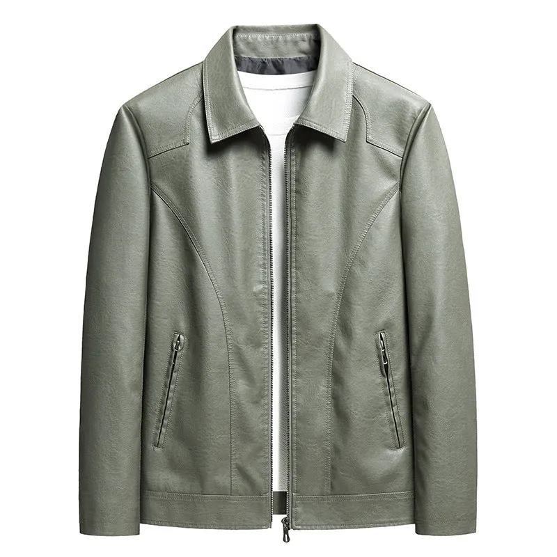 Men's loose fit PU leather cardigan jacket in black with zipper front and patch pocket