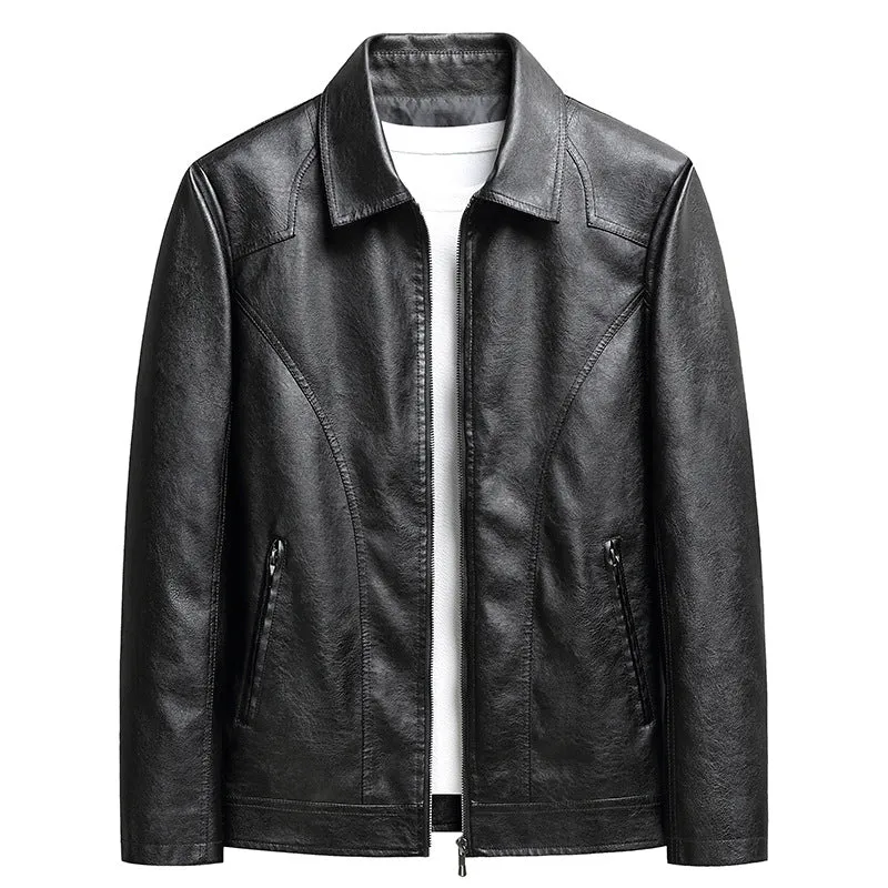 Men's loose fit PU leather cardigan jacket in black with zipper front and patch pocket