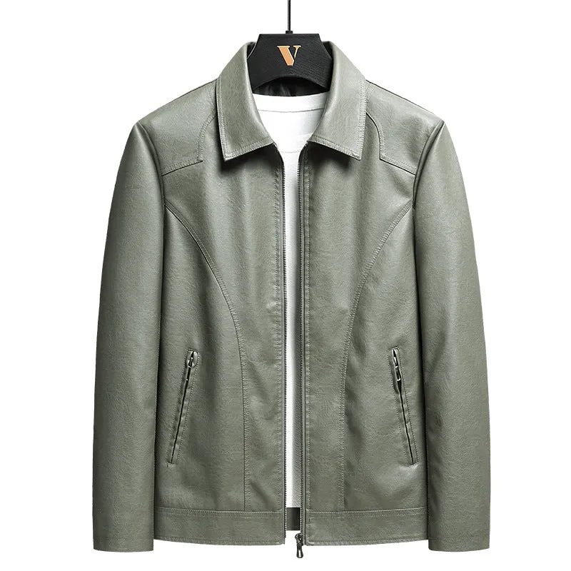 Men's loose fit PU leather cardigan jacket in black with zipper front and patch pocket