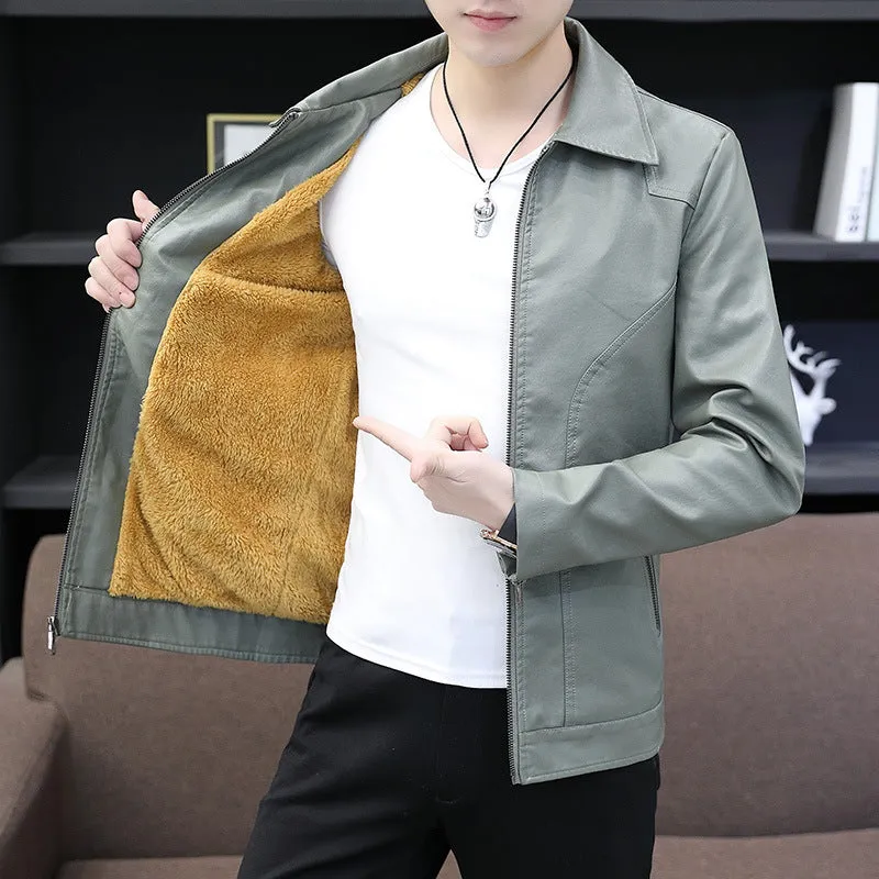 Men's loose fit PU leather cardigan jacket in black with zipper front and patch pocket