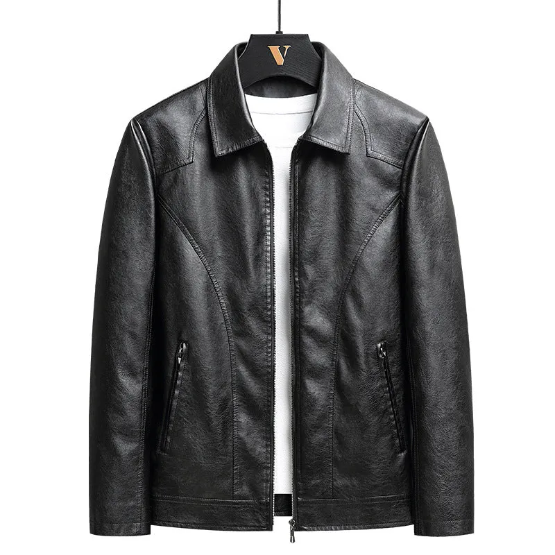 Men's loose fit PU leather cardigan jacket in black with zipper front and patch pocket