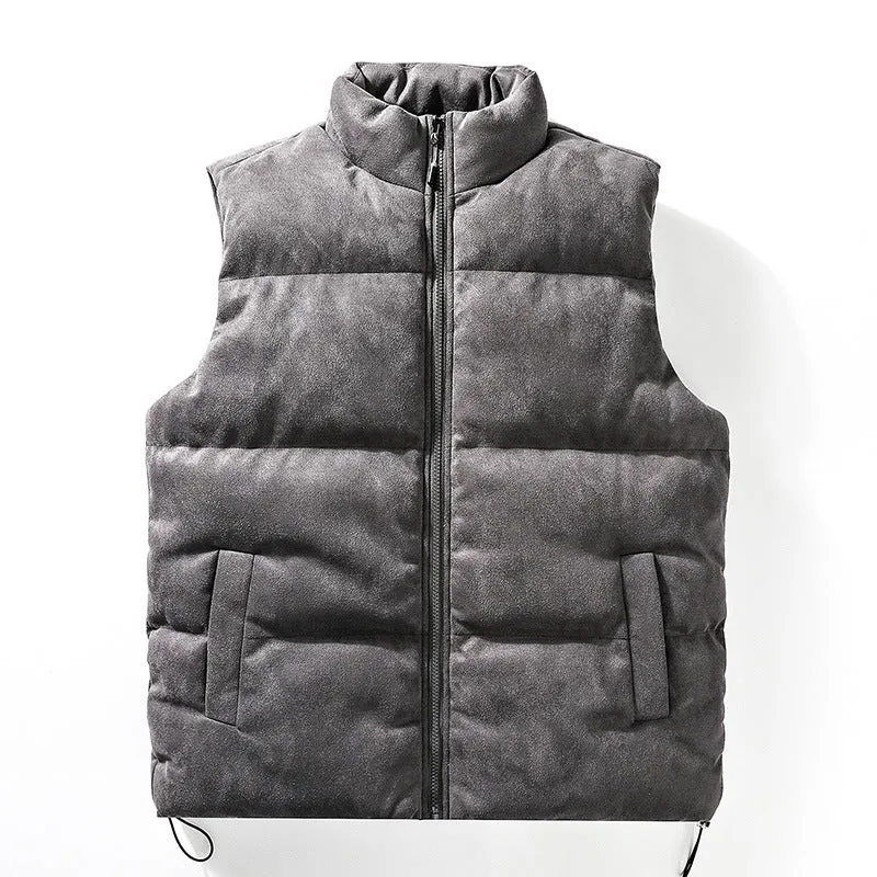 Men's stand-up collar cotton-padded vest in solid colour, loose fit, with slit pockets, available in multiple sizes.