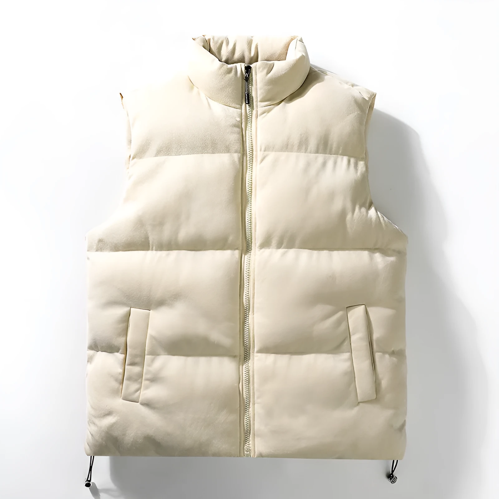 Men's stand-up collar cotton-padded vest in solid colour, loose fit, with slit pockets, available in multiple sizes.