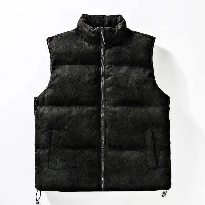 Men's stand-up collar cotton-padded vest in solid colour, loose fit, with slit pockets, available in multiple sizes.