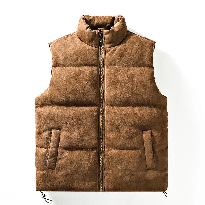 Men's stand-up collar cotton-padded vest in solid colour, loose fit, with slit pockets, available in multiple sizes.