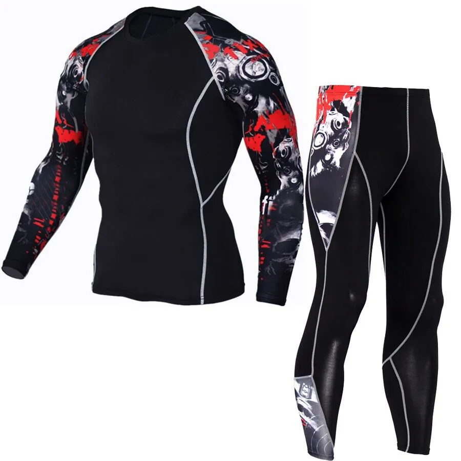 Men's printed long sleeve gym suit in milk silk fabric with 92% polyester, black and red colour