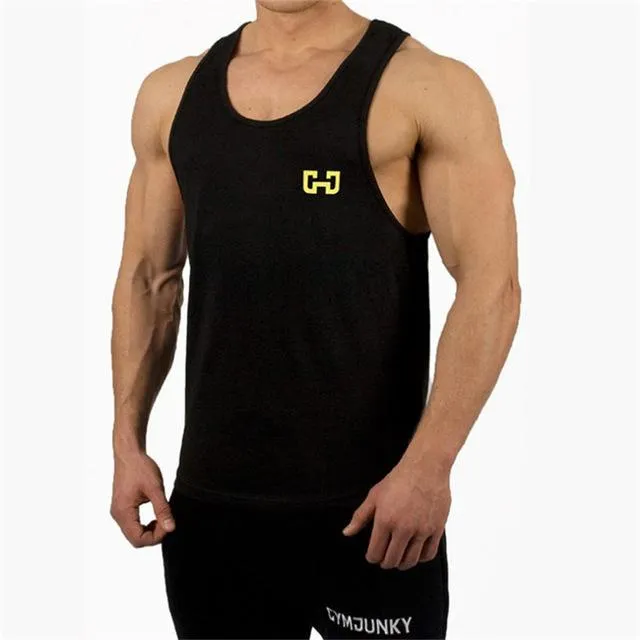 Men bodybuilding tank top in black, muscle fit sleeveless gym vest on model