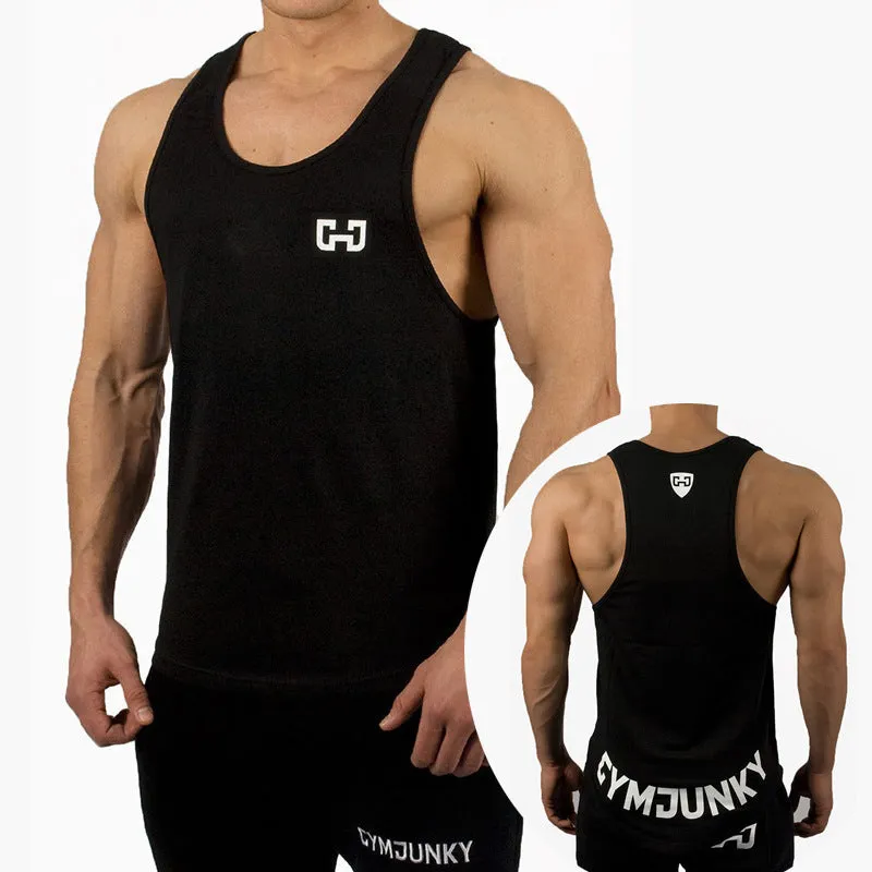 Men bodybuilding tank top in black, muscle fit sleeveless gym vest on model
