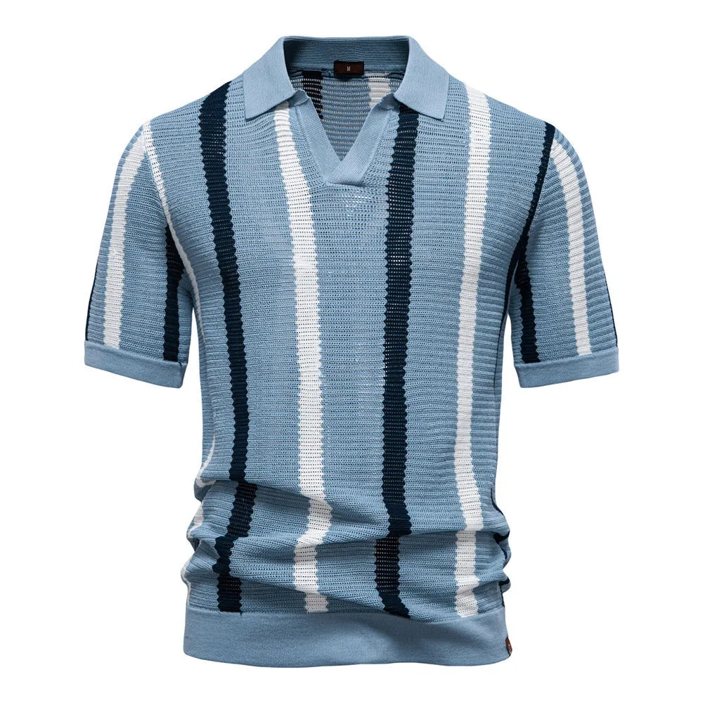 Man wearing a light blue striped short-sleeved polo shirt, a breathable viscose blend fabric for business casual wear.