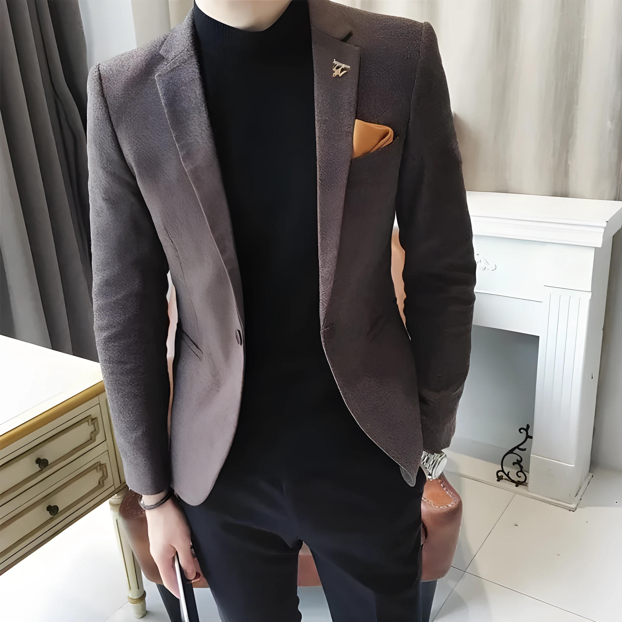 Men's casual suit jacket top in solid colour blue, made from cotton, front view