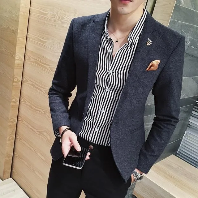 Men's casual suit jacket top in solid colour blue, made from cotton, front view