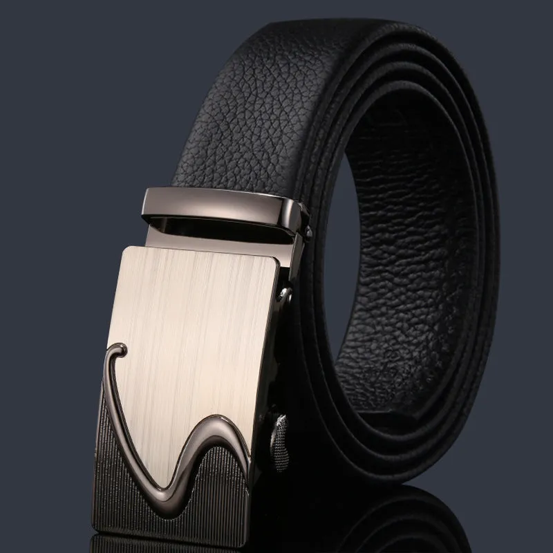 Men's automatic buckle belt in imitation leather with rectangular alloy buckle, multiple colour and length options