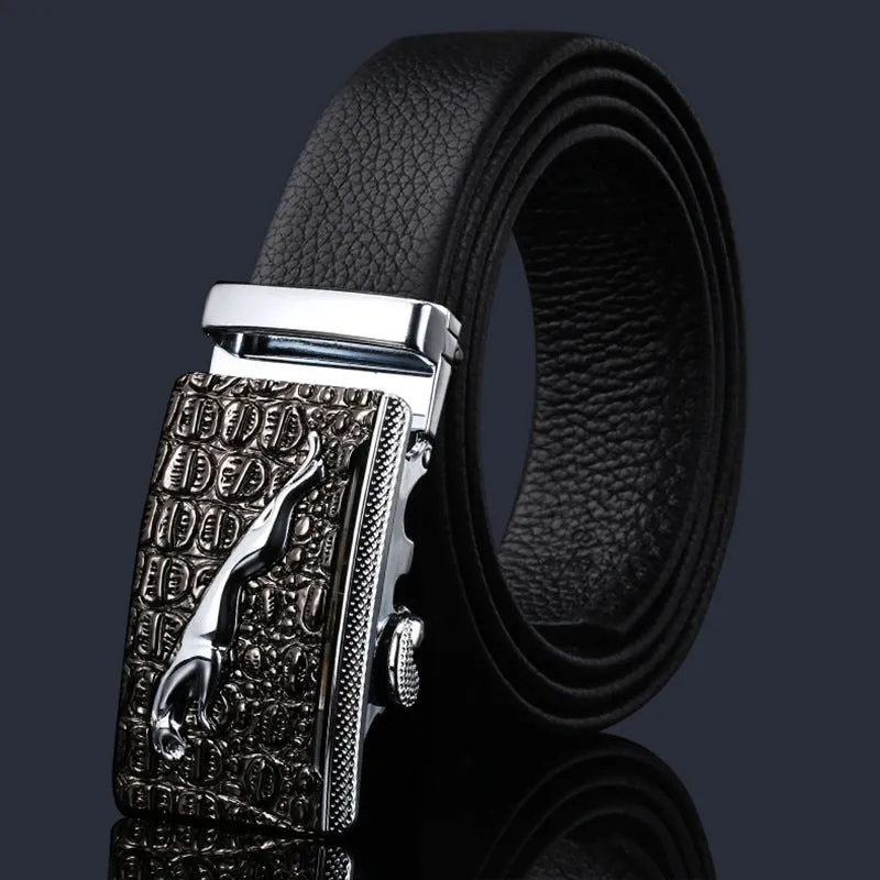 Men's automatic buckle belt in imitation leather with rectangular alloy buckle, multiple colour and length options