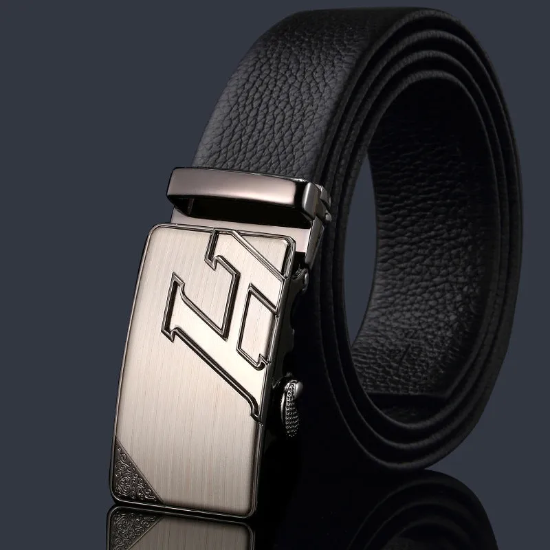 Men's automatic buckle belt in imitation leather with rectangular alloy buckle, multiple colour and length options