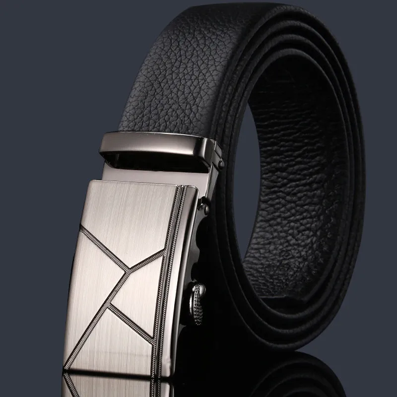 Men's automatic buckle belt in imitation leather with rectangular alloy buckle, multiple colour and length options