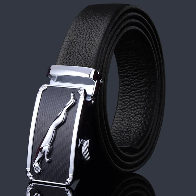 Men's automatic buckle belt in imitation leather with rectangular alloy buckle, multiple colour and length options