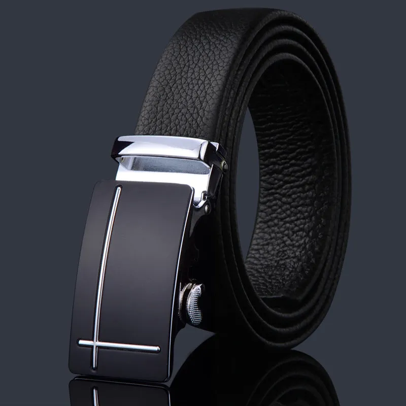 Men's automatic buckle belt in imitation leather with rectangular alloy buckle, multiple colour and length options
