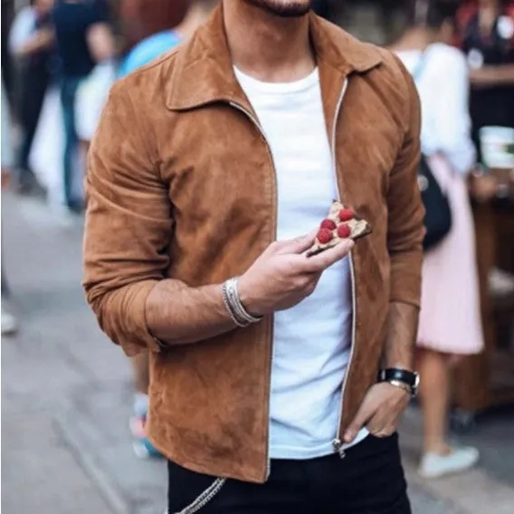 Men's slim fit turn down collar jacket in khaki with zip front and side pockets