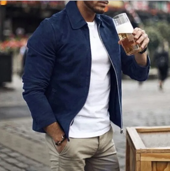 Men's slim fit turn down collar jacket in khaki with zip front and side pockets