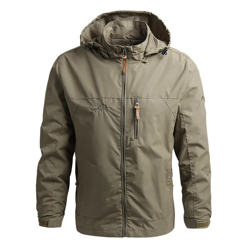 Men's mountaineering windbreaker outdoor sports jacket with hood, stand-up collar, and zipper front in army green colour