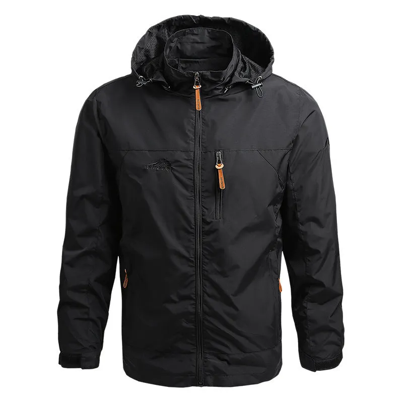 Men's mountaineering windbreaker outdoor sports jacket with hood, stand-up collar, and zipper front in army green colour