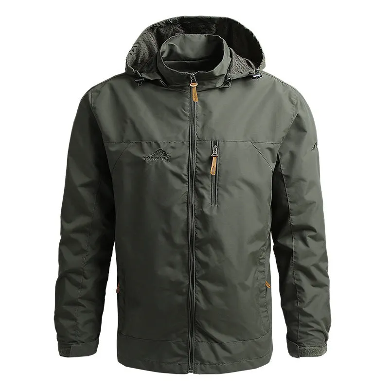 Men's mountaineering windbreaker outdoor sports jacket with hood, stand-up collar, and zipper front in army green colour