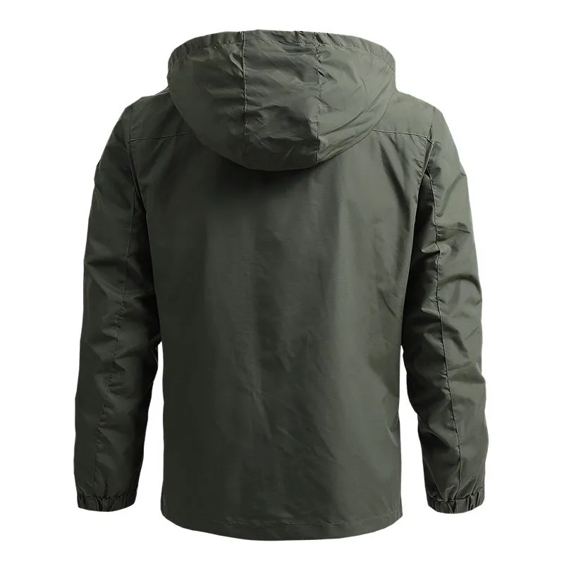 Men's mountaineering windbreaker outdoor sports jacket with hood, stand-up collar, and zipper front in army green colour