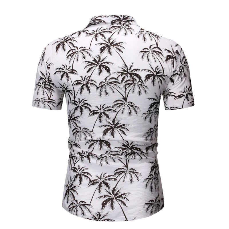 Men's loose lapel print top in light blue, long sleeve polyester casual shirt