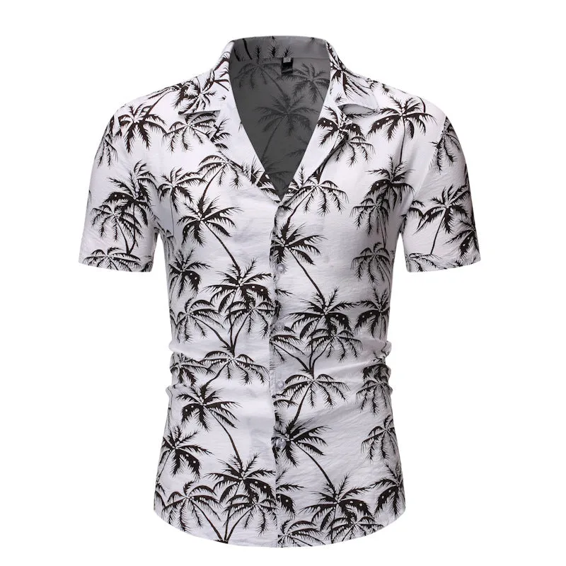 Men's loose lapel print top in light blue, long sleeve polyester casual shirt
