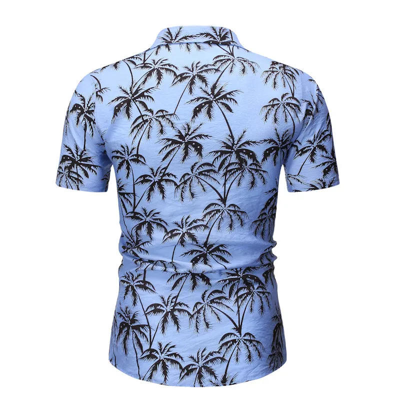Men's loose lapel print top in light blue, long sleeve polyester casual shirt