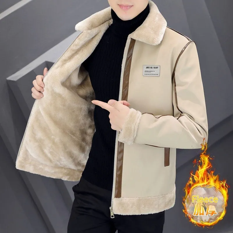 Men's corduroy padded coat with rabbit fur lining, dark brown colour, on display