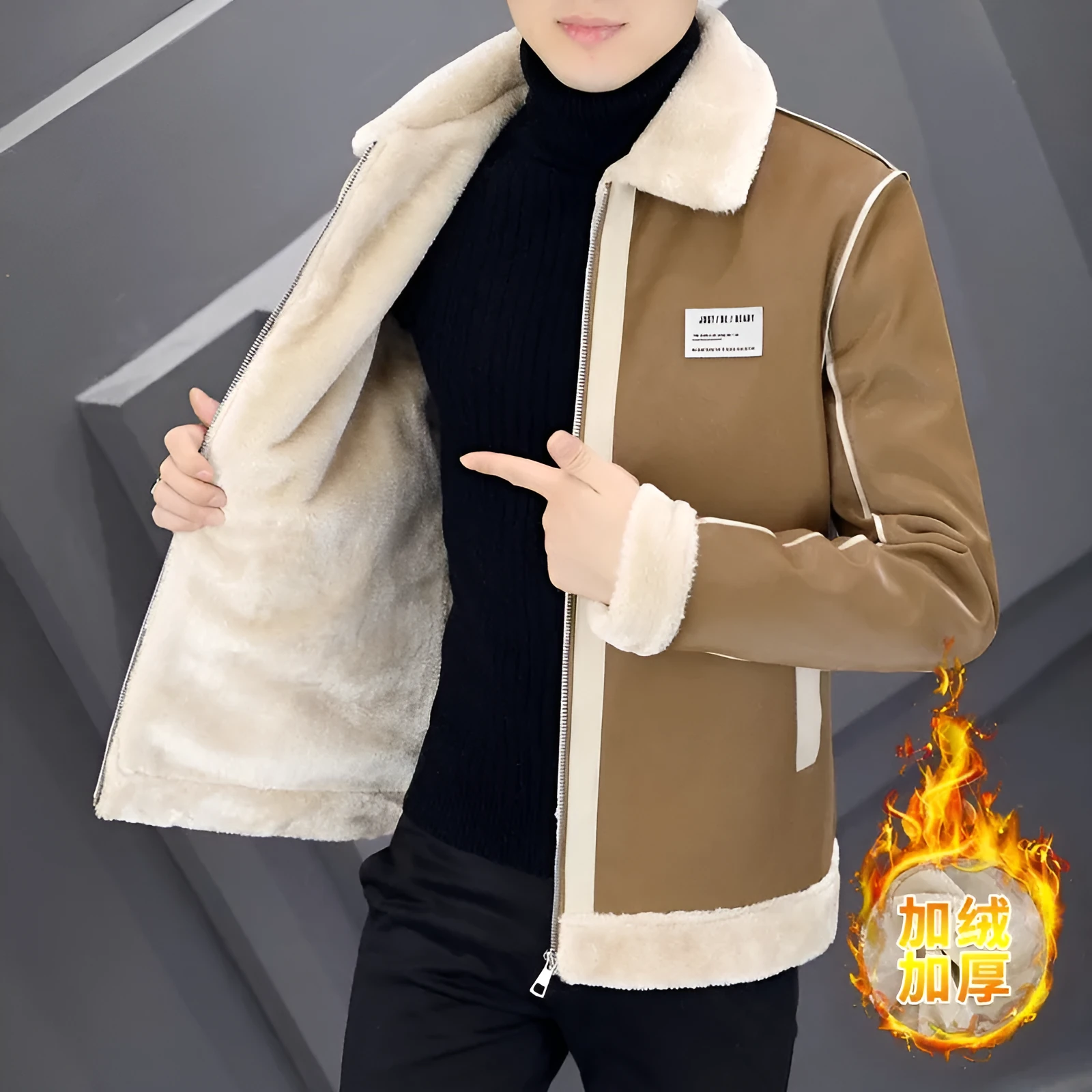 Men's corduroy padded coat with rabbit fur lining, dark brown colour, on display
