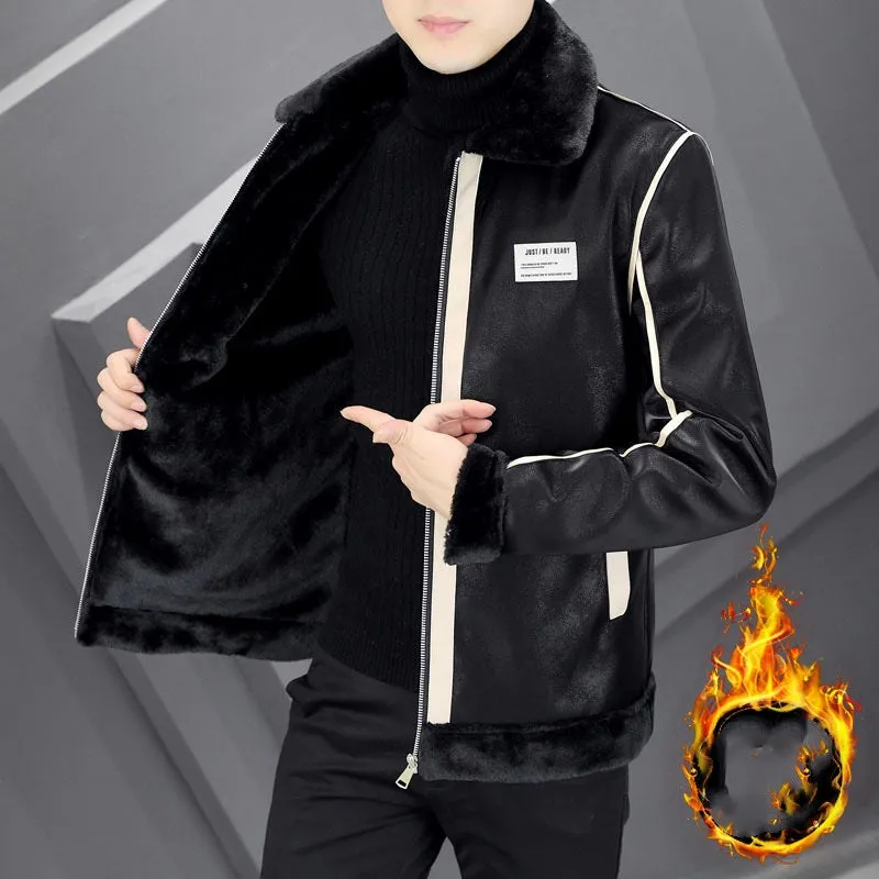 Men's corduroy padded coat with rabbit fur lining, dark brown colour, on display
